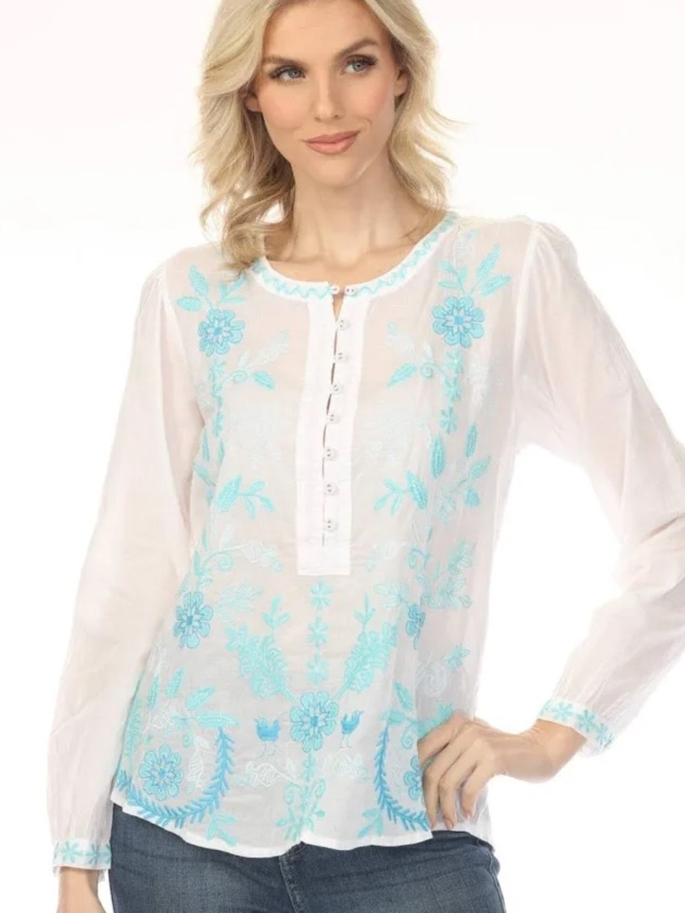 Johnny Was 100% Cotton Yohana Field Henley Blouse Size M White Aqua Floral Motif